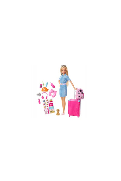 Barbie păpușă, cu păr blond, bagaj de avion și autocolante, pernă de avion și rucsac, dimensiuni 23x6x32 cm
