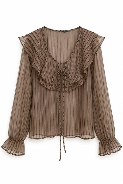 Raneel Kazançlı Alışveriş Women's Ruffled V-Neck Transparent Blouse Brown