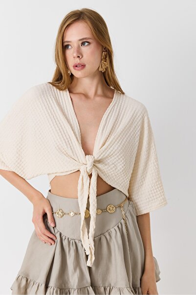 Raneel Kazançlı Alışveriş Front Tie Bat Sleeve Women's Blouse Cream