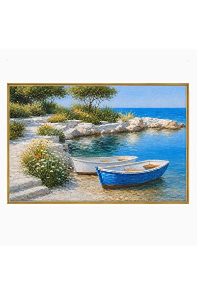 Luxcanva Tablou Canvas Barci La Tarm 60x40 cm cu Rama Auriu Mare Barci Peisaj
