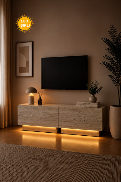 webotto 8 Alpiz Led Işıklı Traverten Desen Tv Ünitesi 2 kapaklı 87cm Modüler ...