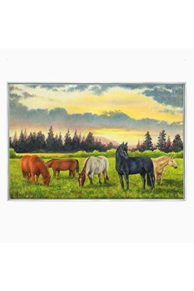 Luxcanva Tablou Canvas Cai In Apus Pastoral 120x80 cm cu Rama Argintiu Cai Pe...