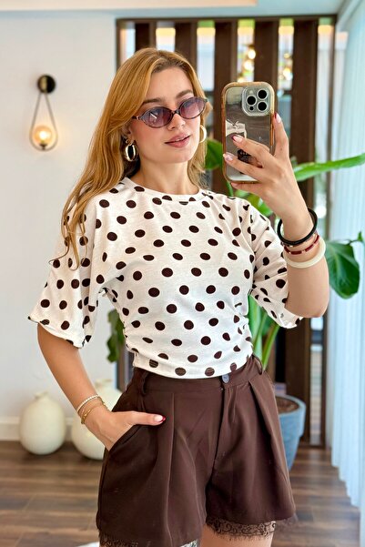 Raneel Kazançlı Alışveriş Women's Crew Neck Lycra Polka Dot Patterned Short S...