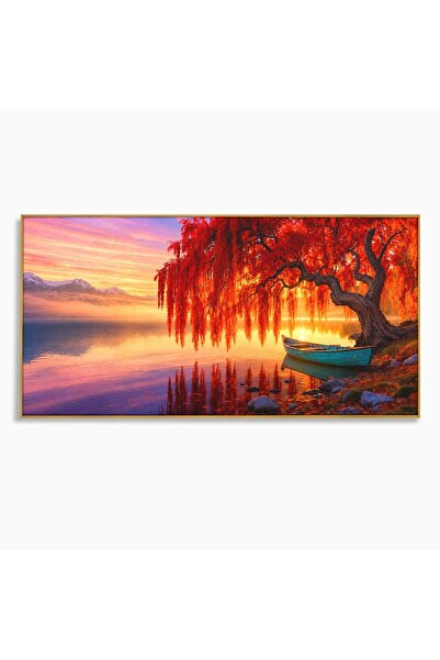 Luxcanva Tablou Canvas Copacul De Foc 120x60 cm cu Rama Auriu Copac Lac Apus