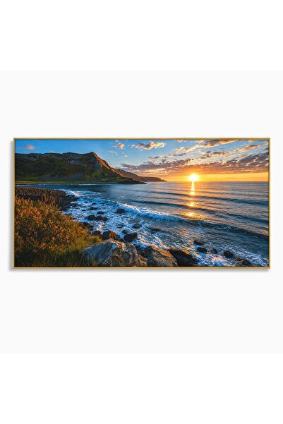 Luxcanva Tablou Canvas Apus Pe Tarmul Stancos 140x70 cm cu Rama Auriu Apus Ta...