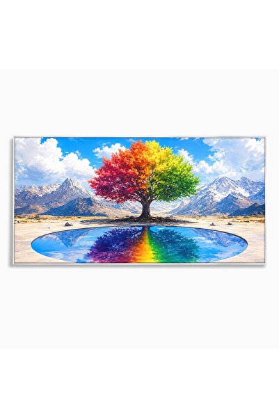 Luxcanva Tablou Canvas Copacul Curcubeu 100x50 cm cu Rama Argintiu Copac Curc...