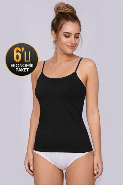 Çift Kaplan Women's Ribbed Rope Strap Black Undershirt 6-Piece Economical Pac...
