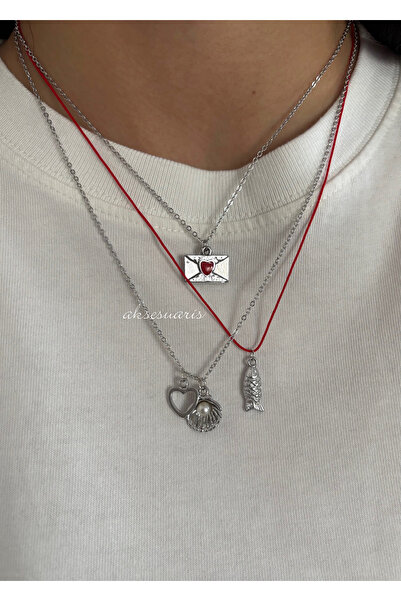 aksesuaris 3-Piece Silver Red String Charm Women's Necklace Combination Set