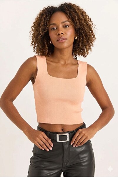 Raneel Kazançlı Alışveriş Square Neck Crop Knitwear Blouse Orange