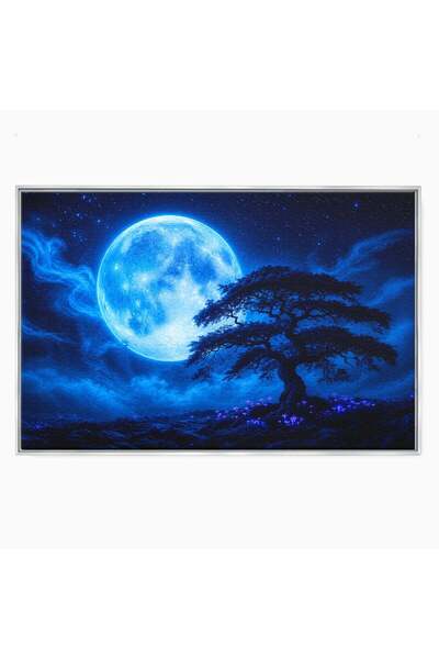 Luxcanva Tablou Canvas Luna Albastra 100x70 cm cu Rama Argintiu Luna Copac No...