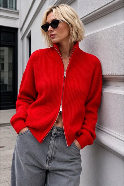 Arbucky Women's Mock Neck Double Zippered Knitwear Cardigan