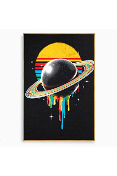 Luxcanva Tablou Canvas Saturn Curcubeu 80x120 cm cu Rama Auriu Planeta Abstra...