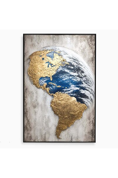 Luxcanva Tablou Canvas Planeta Aurie 50x70 cm cu Rama Negru Planeta Glob Arta...