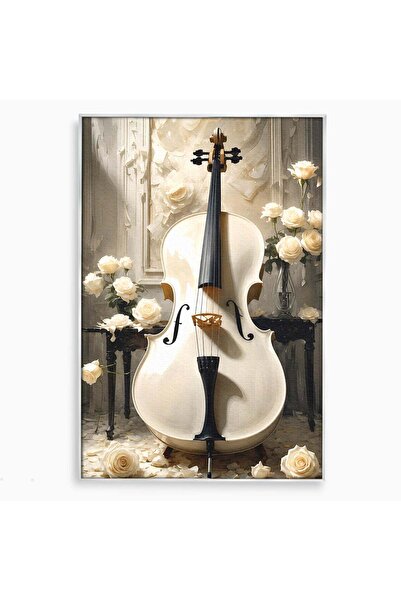 Luxcanva Tablou Canvas Violoncelul Alb 70x100 cm cu Rama Argintiu Violoncel F...