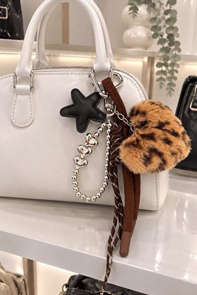 TAKIŞTIR Kahverengi Leopar Kalp Detaylı Çanta Charm/ Anahtarlık