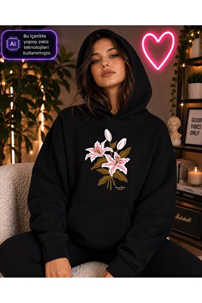 caddekombin Women's Pink Lily Flower Printed Hooded Kangaroo Pocket Cotton Ca...