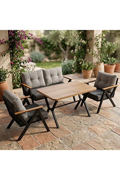 Azra Mobilya Venedik 2+1+1+ 70x120 Traverten Masa Metal Balkon Takımı Keten D...