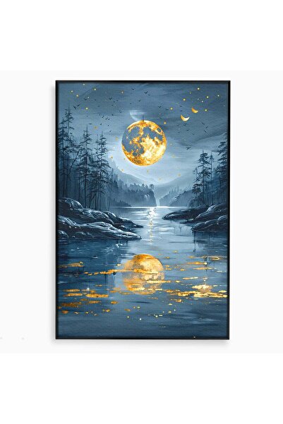 Luxcanva Tablou Canvas Luna De Aur 40x60 cm cu Rama Negru Luna Peisaj Noapte