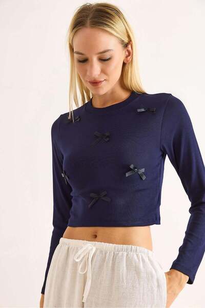 Raneel Kazançlı Alışveriş Women's Ribbon Long Sleeve Crop Blouse Navy Blue