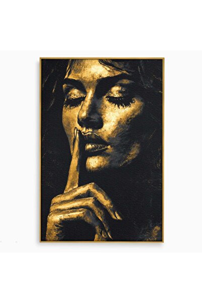Luxcanva Tablou Canvas Tacere Aurie 70x100 cm cu Rama Auriu Portret Femeie Mi...