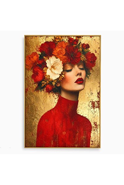 Luxcanva Tablou Canvas Femeie Cu Flori 80x120 cm cu Rama Auriu Femeie Flori P...