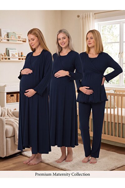 Lohusa Homewear New Season Navy Blue Double-Breasted Breastfeeding-Friendly D...