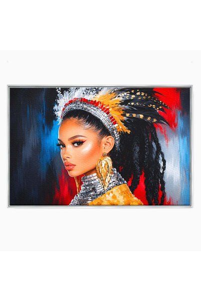 Luxcanva Tablou Canvas Femeie Cu Pene Colorate 70x50 cm cu Rama Argintiu Feme...