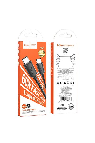 hoco. Cablu date și încărcare USB-C la USB-C, 3A 60W, 1m, Hoco X88, negru