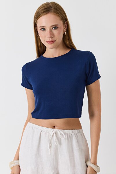 Raneel Kazançlı Alışveriş Women's Crew Neck Combed Cotton Crop Blouse Navy Blue