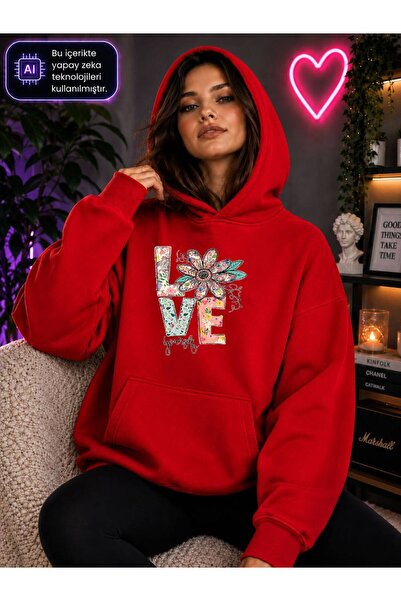 caddekombin Women's Floral Love Graphic Printed Hooded Kangaroo Pocket Cotton...