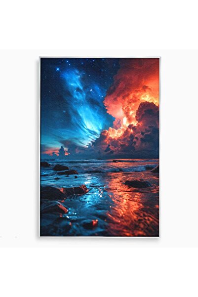 Luxcanva Tablou Canvas Apus Cosmic Pe Plaja 50x70 cm cu Rama Argintiu Apus Ma...