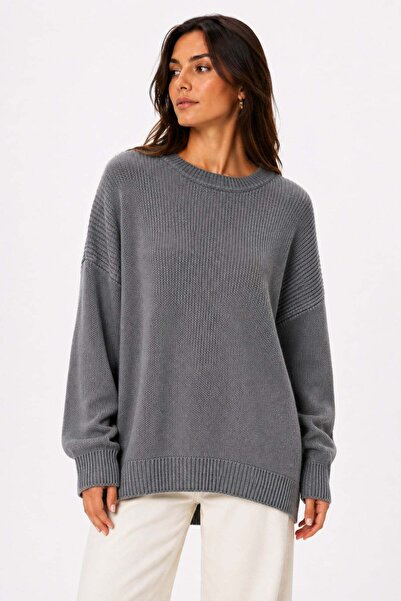 Vadon 1039 women's loose soft textured oversize basic knitwear sweater anthra...