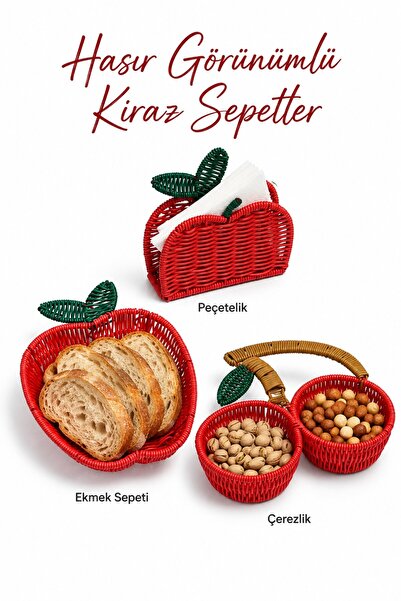Rosie Hasır Görünümlü Kiraz Sepet Seti – Ekmek Sepeti, Çerezlik ve Peçetelik 3’lü Set