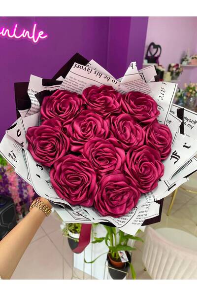 Buketim Seninle 11-Piece Fuchsia Non-Fading Rose Bouquet, Satin Flower, Gift ...