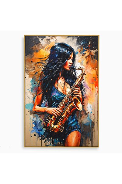 Luxcanva Tablou Canvas Saxofonista Pasionala 70x100 cm cu Rama Auriu Saxofon ...