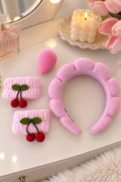 TAKIŞTIR Pembe Renk Spa Saç Bandı/Peluş Su Emici Havlu Bileklik Ve Sünger Set