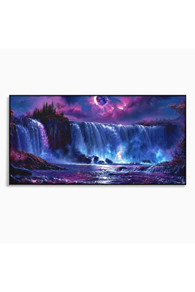 Luxcanva Tablou Canvas Cascada Sub Luna 120x60 cm cu Rama Negru Cascada Peisa...