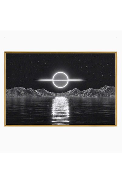 Luxcanva Tablou Canvas Eclipsa Lunara 60x40 cm cu Rama Auriu Peisaj Noapte Luna
