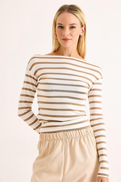 Raneel Kazançlı Alışveriş Women's Stripe Pattern Wide Collar Long Sleeve Blou...