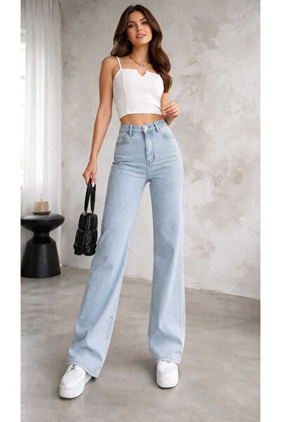 BİENAL BUTİK Swan Ψηλόμεσο Ice Blue Wide Leg Palazzo Jeans Lycra Ελαστικό τζι...