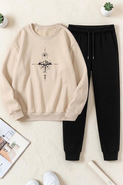 uyguntarz Unisex Compass Design Printed Crew Neck Sweatshirt - 2-Piece Tracks...