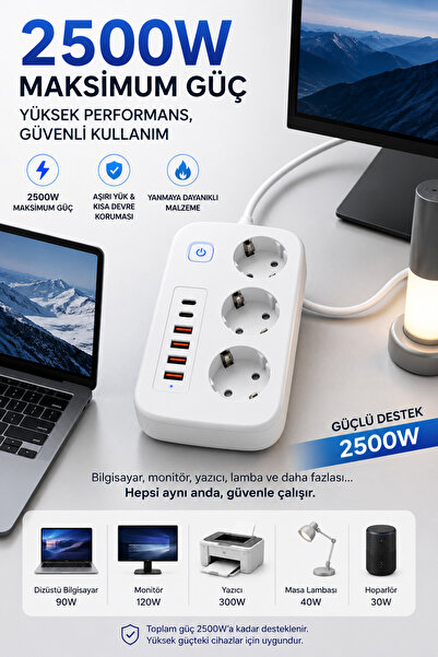 Omaze 3’lü Akım Korumalı Priz 2500W 2 USB-C 4 USB-A Hızlı Şarjlı 1.8 Metre Kablolu Çoklu Priz