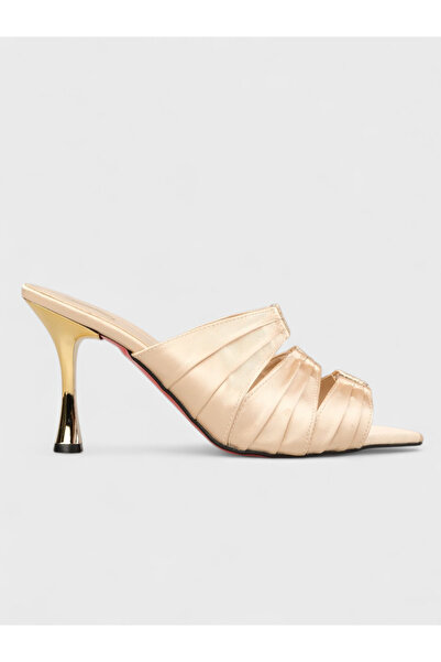 Sadık Yılmaz Women's Summer 8cm Thin Heeled Slippers - 230 56658 - Beige Satin