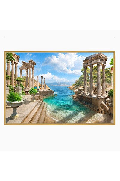 Luxcanva Tablou Canvas Ruine Antice La Mare 100x70 cm cu Rama Auriu Ruine Mar...