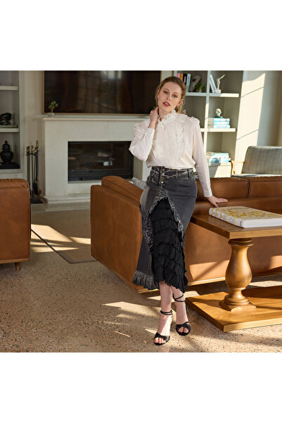 MissWhence Lace-Trimmed Denim Skirt