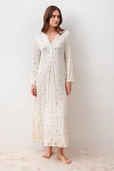Artış Long Sleeve Patterned Buttoned Lycra Viscose Nightgown