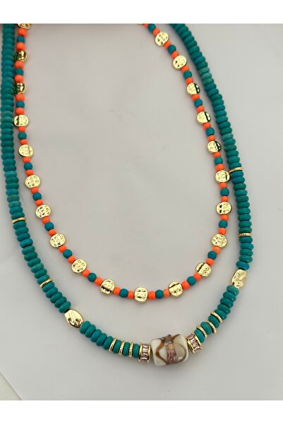 mibrillo Glass Bead Detailed Turquoise Bead Necklace Set Double Summer Neckla...
