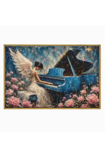Luxcanva Tablou Canvas Ingerul Muzicii 70x50 cm cu Rama Auriu Inger Pian Flori