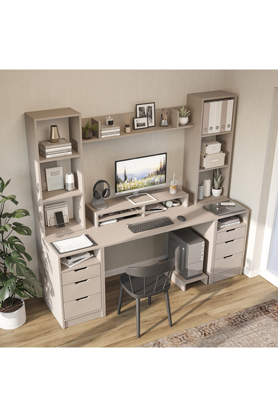 ROOMART Mode Kitaplıklı ve Raflı Çalışma Masası , Raflı Monitör Standlı Çalışma Ofis Masası , Bilgisayar Masası , 2 adet 3 Çekmeceli Kesonlu Çalışma Masası