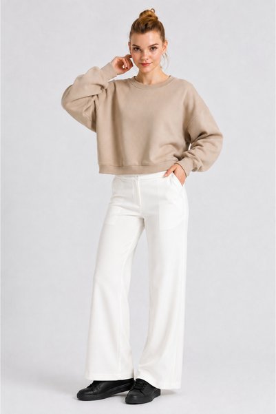 ESADE White Wide Leg Palazzo Pants with Side Pockets High Waist Stretch Fabric Trousers